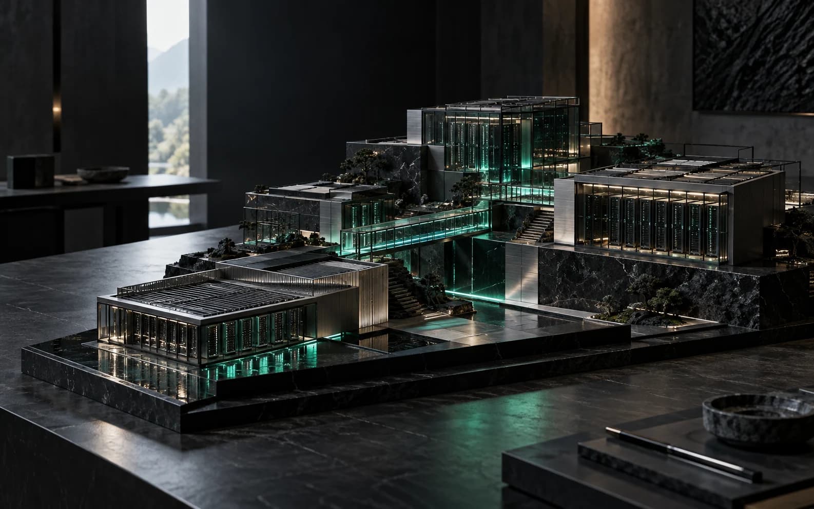 Conceptual computing campus in graphite and glass, connected by emerald-lit bridges