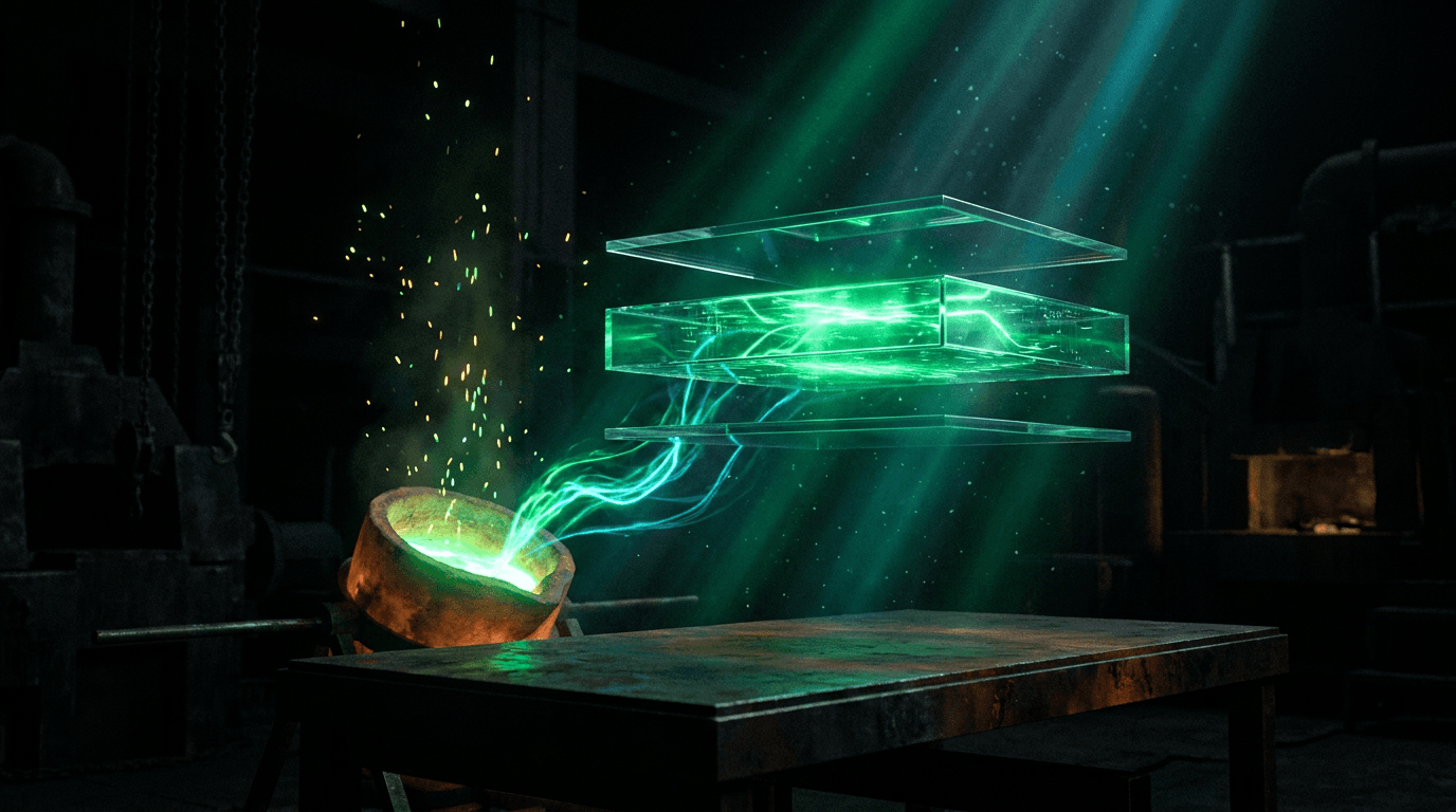 Molten emerald energy being forged into a precise three-layer glass architecture
