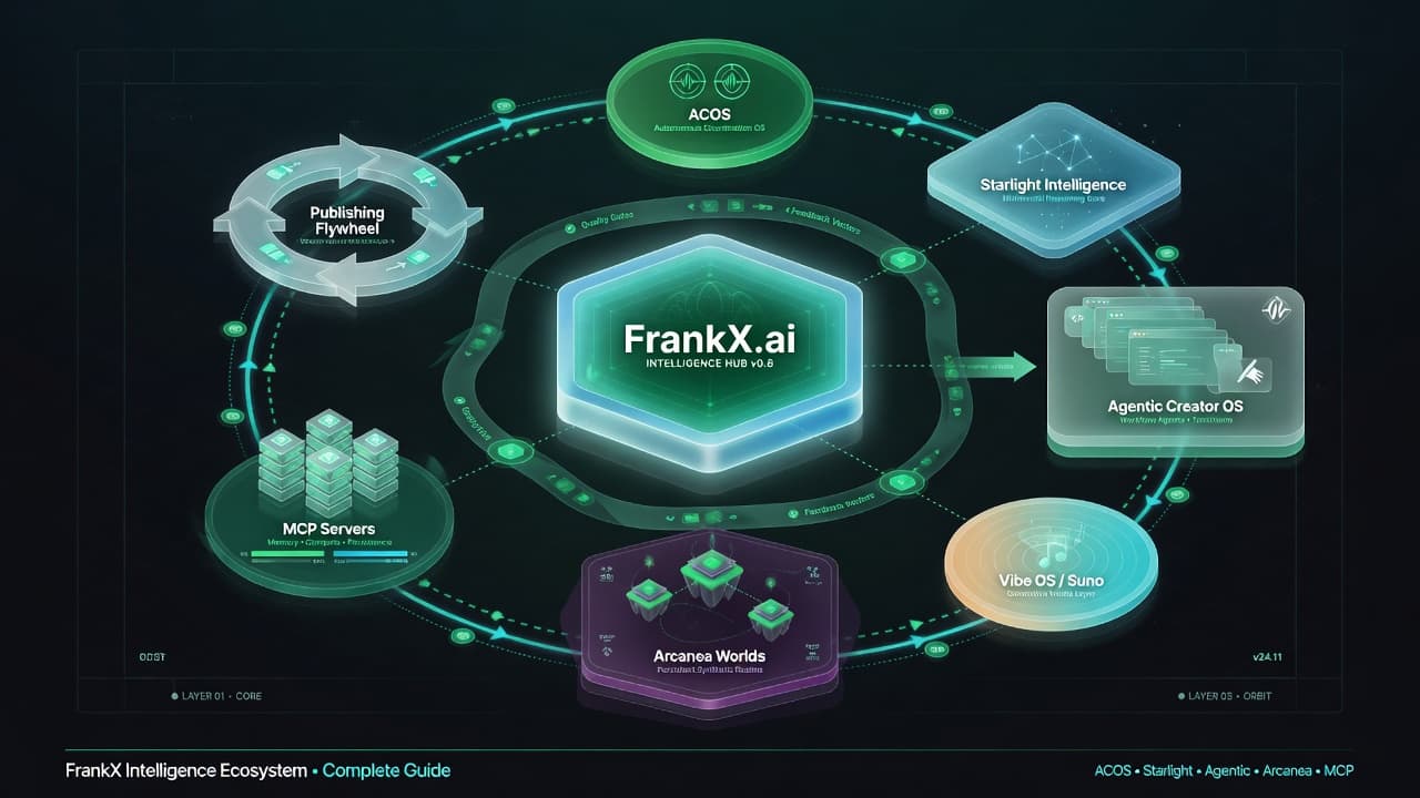 FrankX intelligence ecosystem — intelligence hub, playbooks, prompt library, agents, visuals, and tools