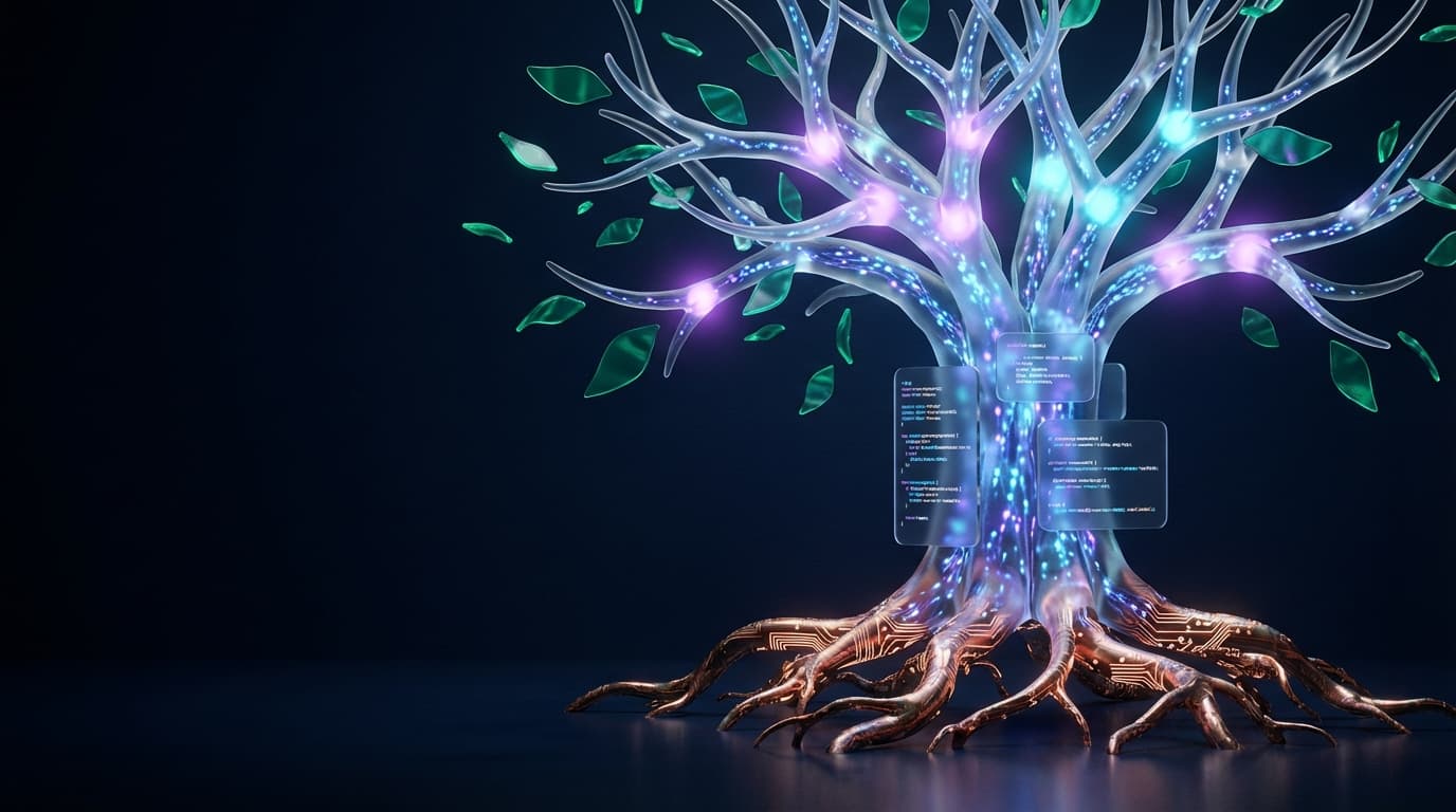 Digital Garden — Bioluminescent neural tree with circuit board roots and glassmorphic code panels on dark navy background