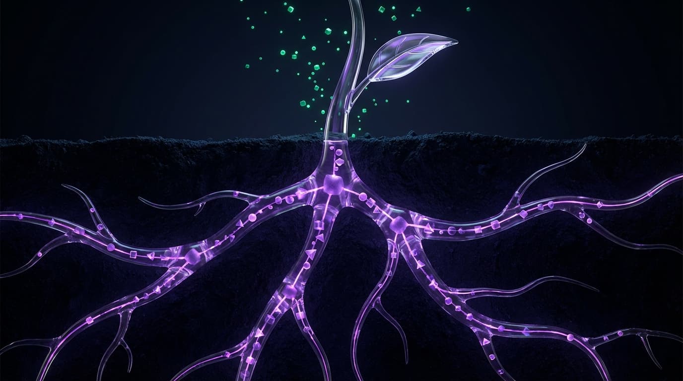 Cross-section view of glowing neural pathways inside translucent roots. Purple bioluminescent veins carry data packets through the earth. Above ground, a single elegant stem emerges — simplicity from complexity.