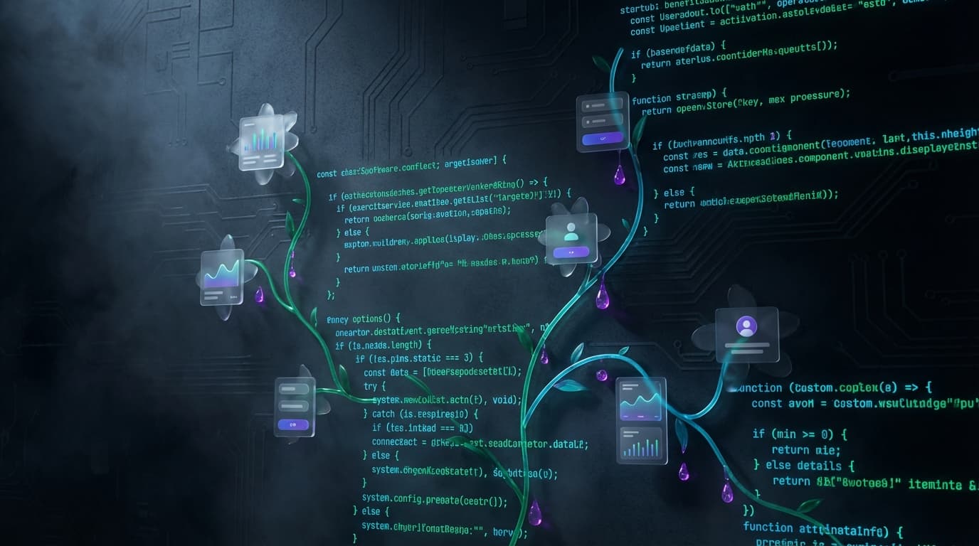 Lines of code curl and branch like ivy, each bearing glassmorphic flower buds that preview UI components. Dewdrops on the vines are tiny data orbs. Code that grows rather than being written.
