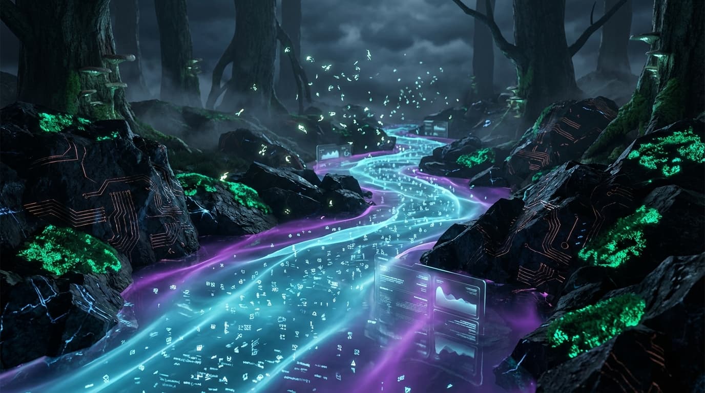 Holographic data streams flow like a luminous river between obsidian rocks with embedded circuits. Bioluminescent moss emits soft emerald light. Data that flows like water — finding the path of least resistance.