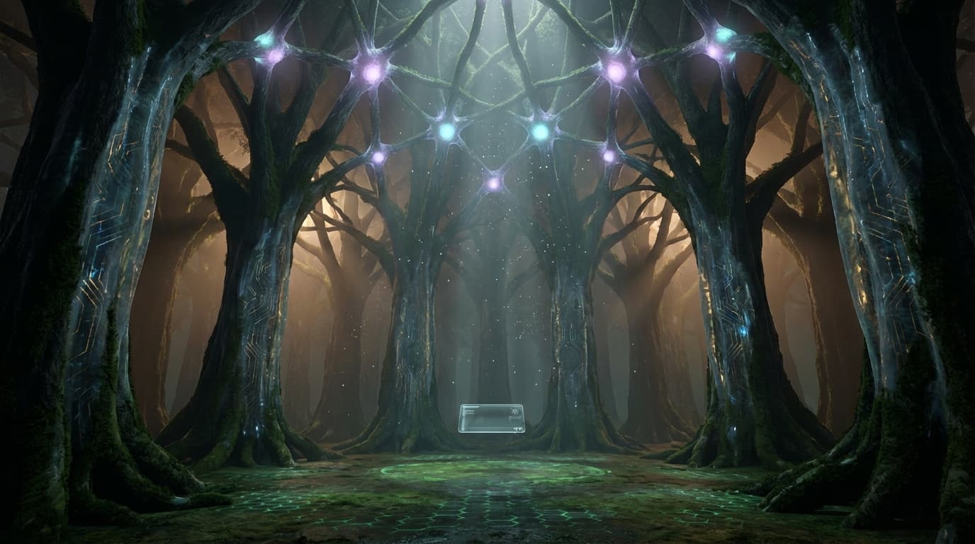 Towering trees with circuit traces under translucent bark. Branches interweave at synapse nodes glowing purple and cyan. The forest floor has a subtle hex grid. A glassmorphic terminal floats in the clearing — the interface within the architecture.