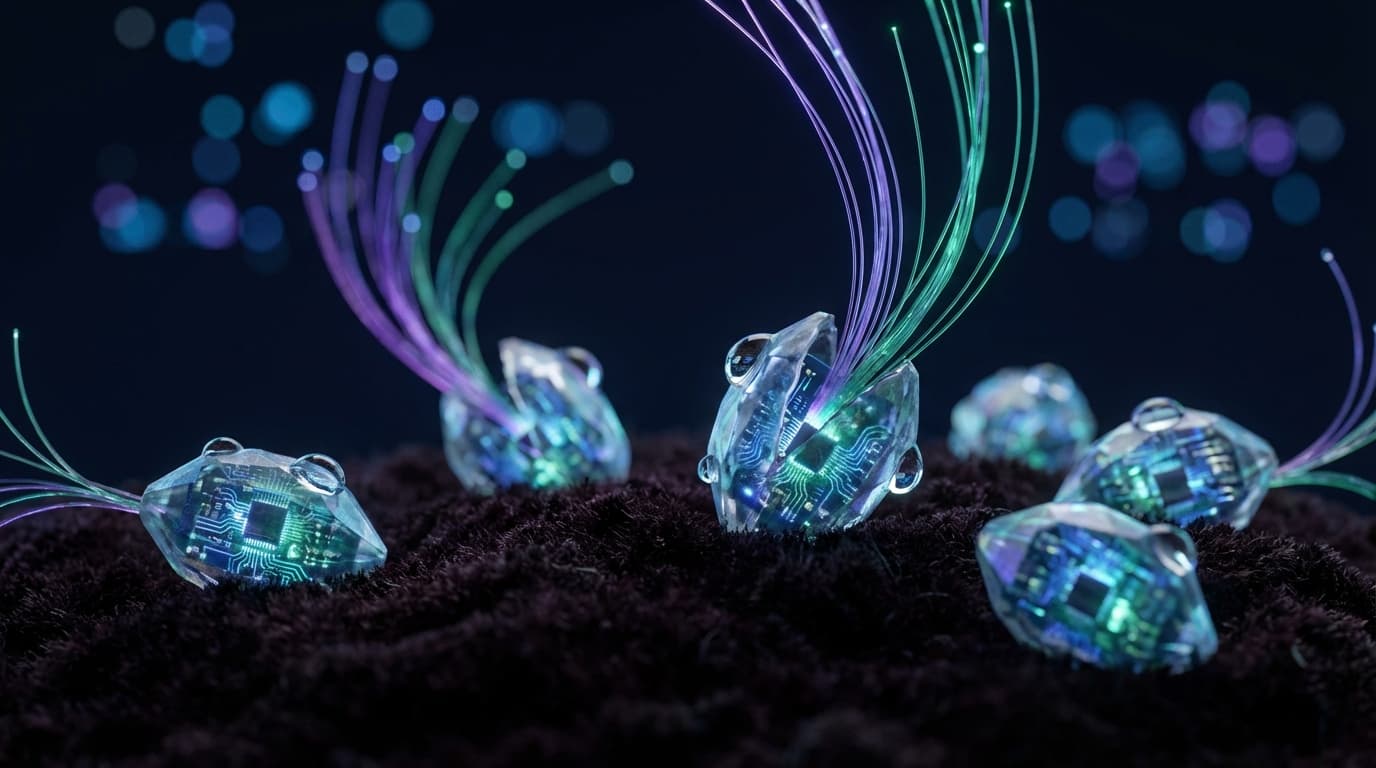 Tiny seed pods on dark soil, each containing a glowing circuit board visible through translucent organic shell. Some have cracked open, revealing fiber optic sprouts. Every great system starts as a seed.