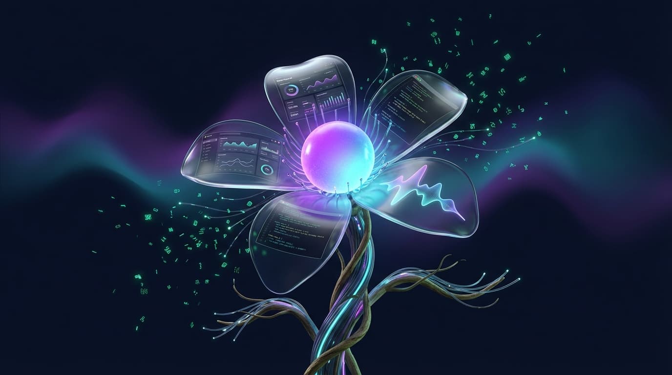 An extraordinary flower where each petal is a translucent UI component — dashboard, code editor, waveform. The center radiates purple-to-cyan intelligence light. Pollen particles carry data symbols. Technology in full bloom.