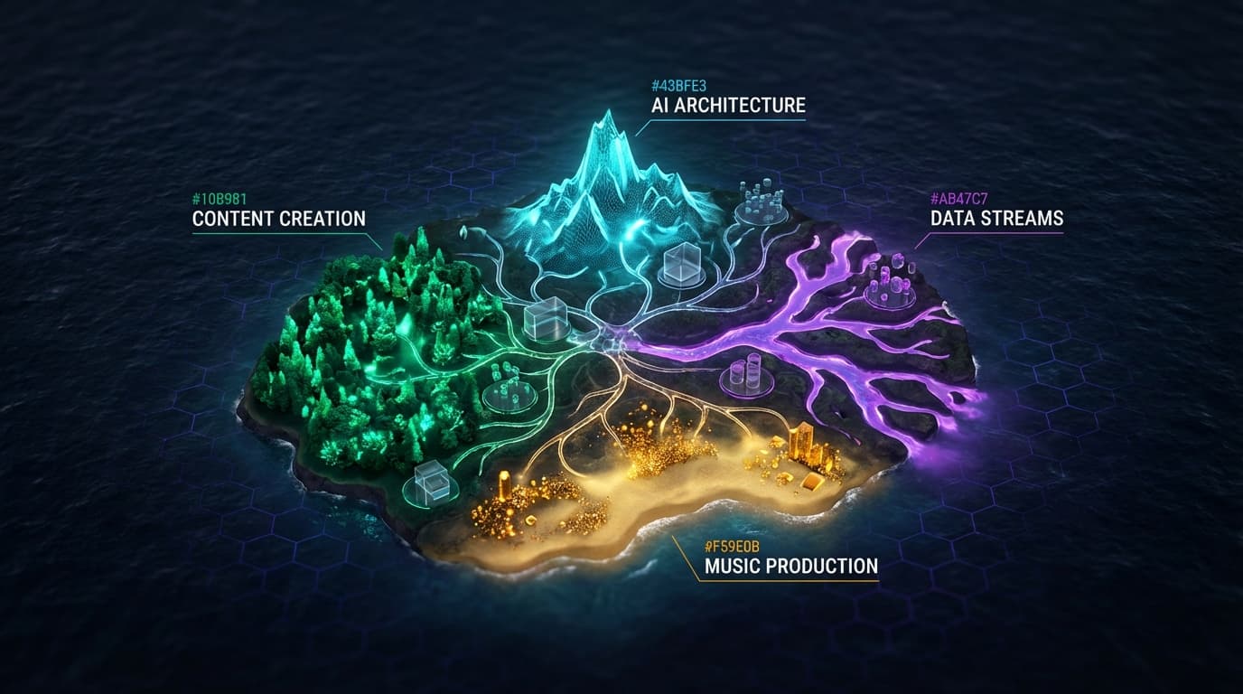 Bird's eye view of an island with distinct tech biomes — crystalline AI peak, bioluminescent content forest, liquid data delta, golden music coast. Neural pathways connect everything. The whole is greater than its parts.