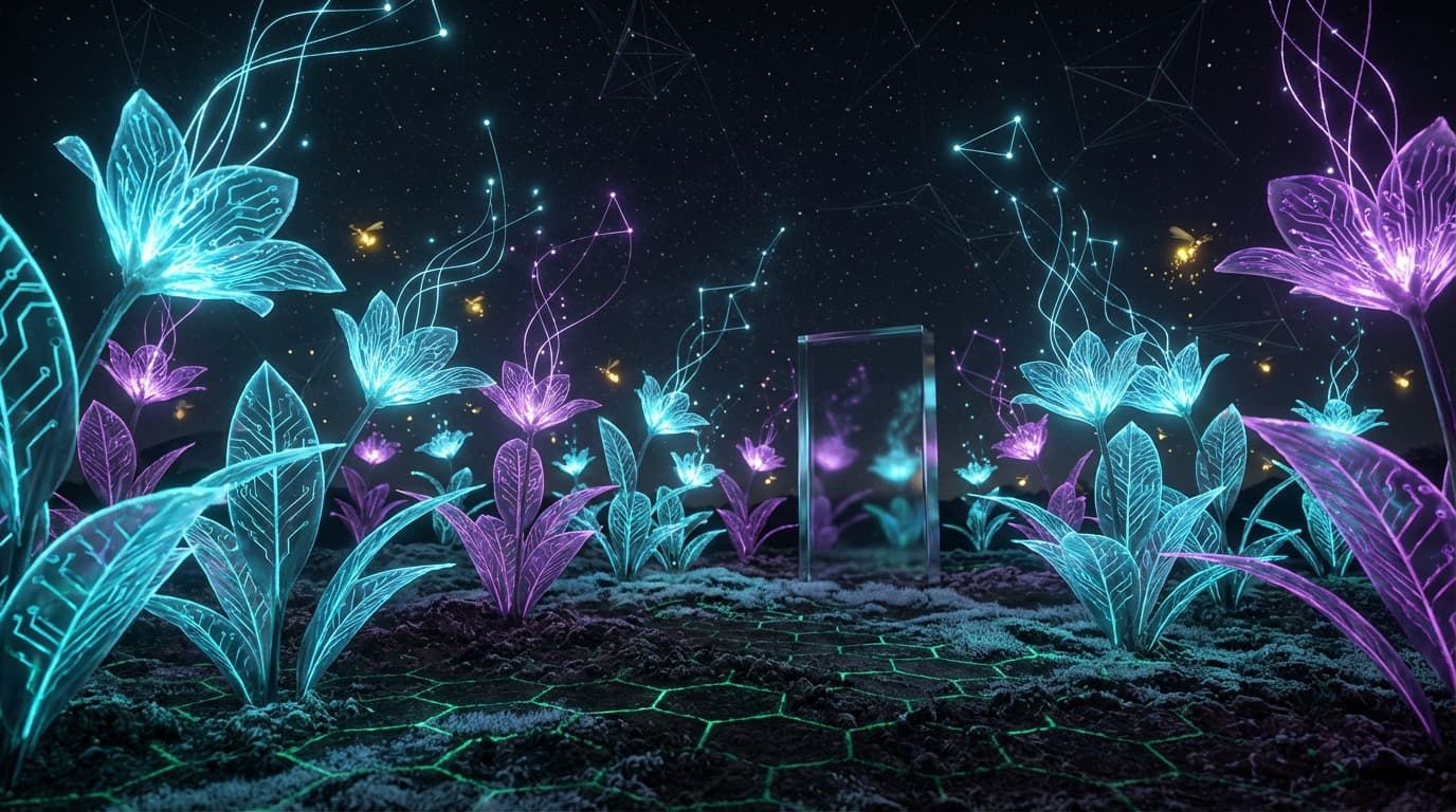 Bioluminescent flowers with circuit-pattern veins reach toward a sky of data constellations. Light threads connect flower tips to star points, mirroring network topology. Golden data fireflies bridge earth and sky.