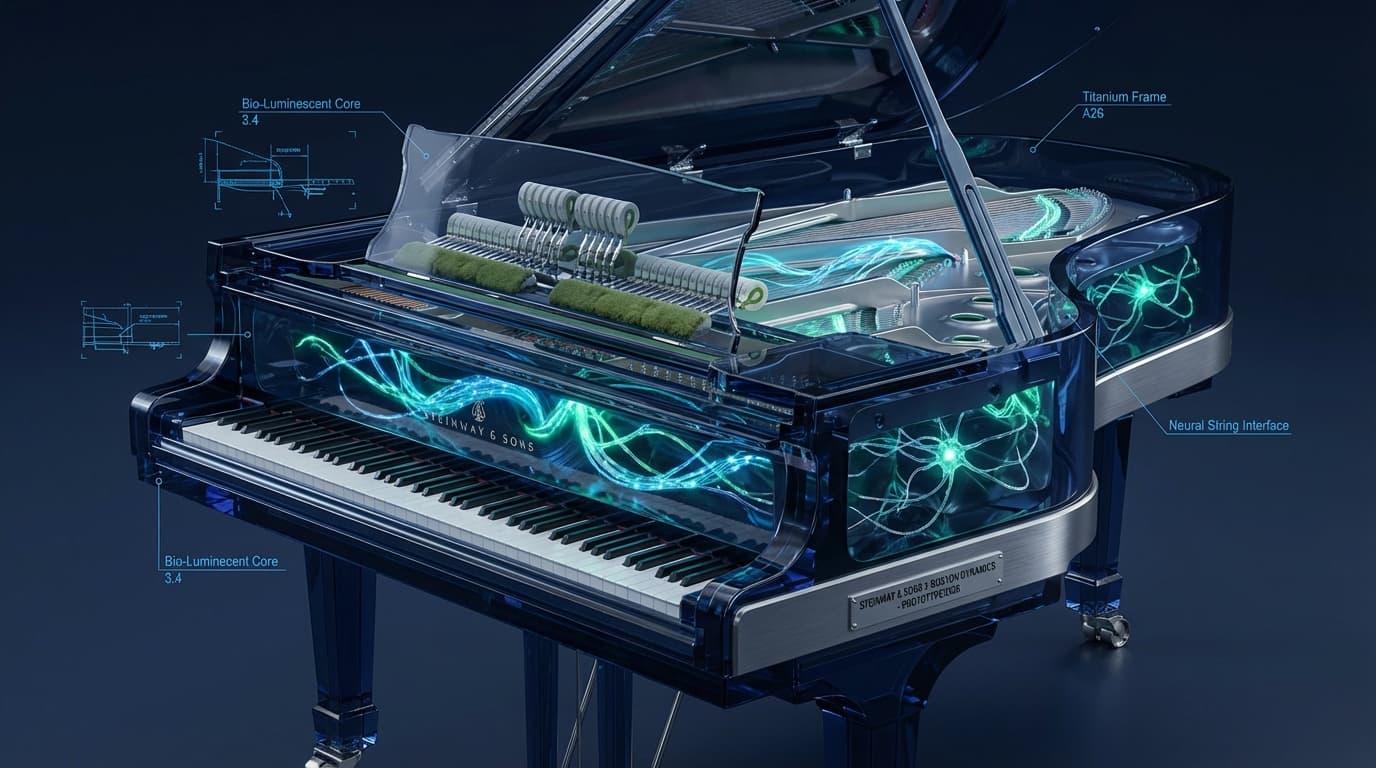 Bio-Tech Grand Piano — glass body, titanium frame, bioluminescent neural network strings