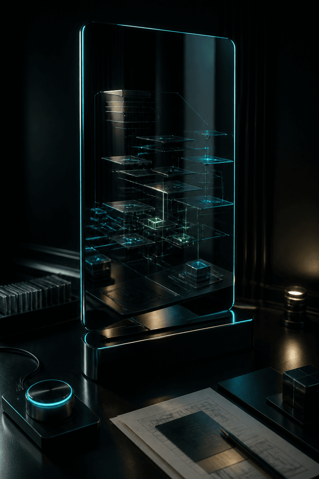 A black-glass diagnostic surface reflecting an abstract system topology.