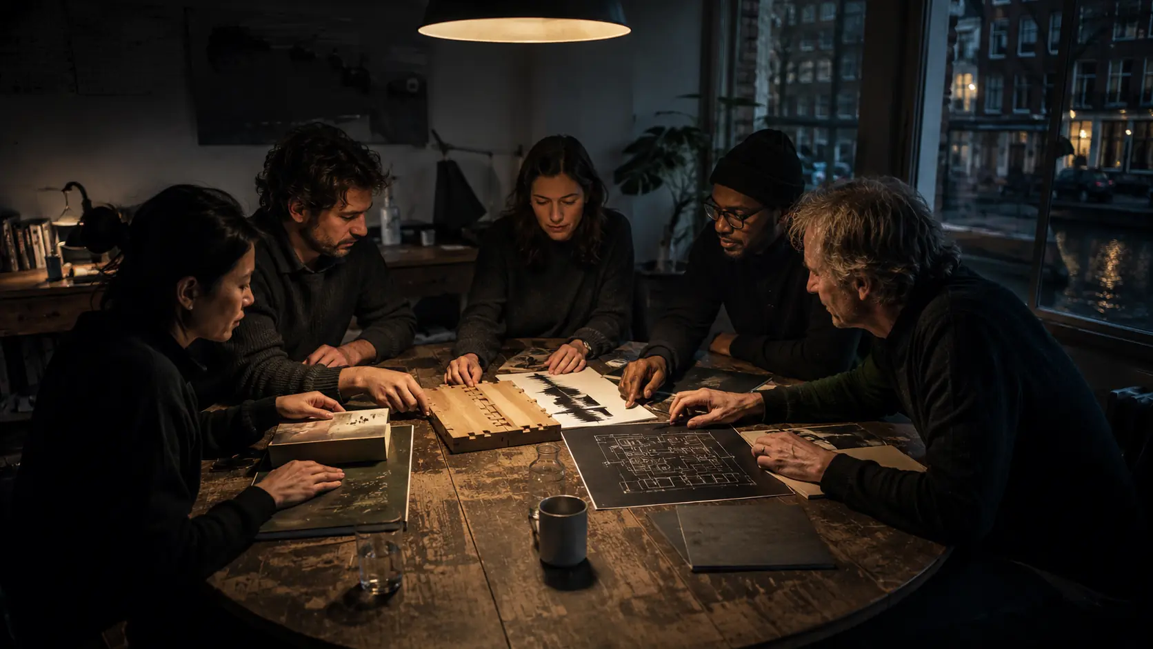 Five makers combining books, timber, music, and systems around an Amsterdam studio table