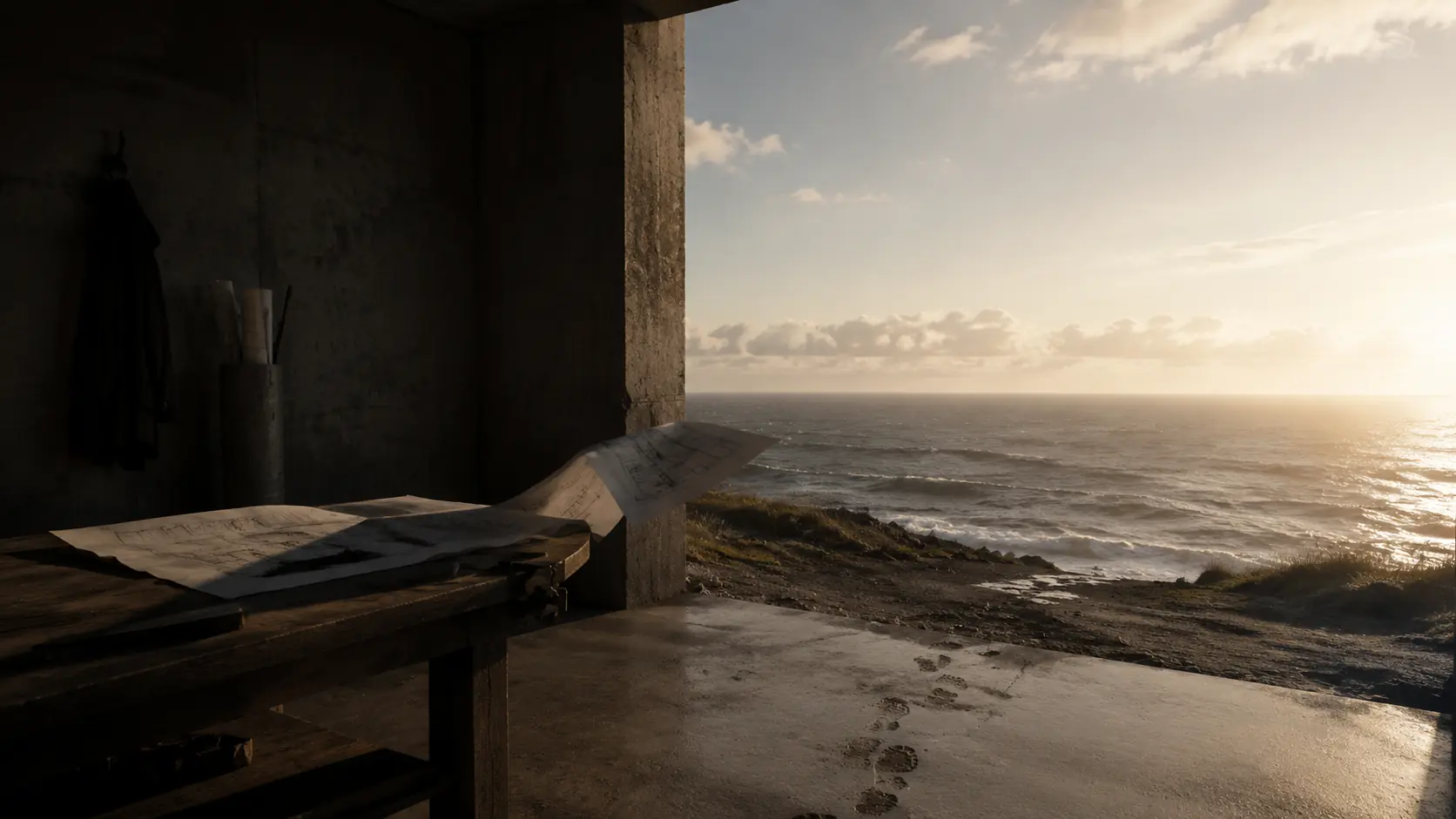 A dark workshop opening onto a wide ocean horizon at first light