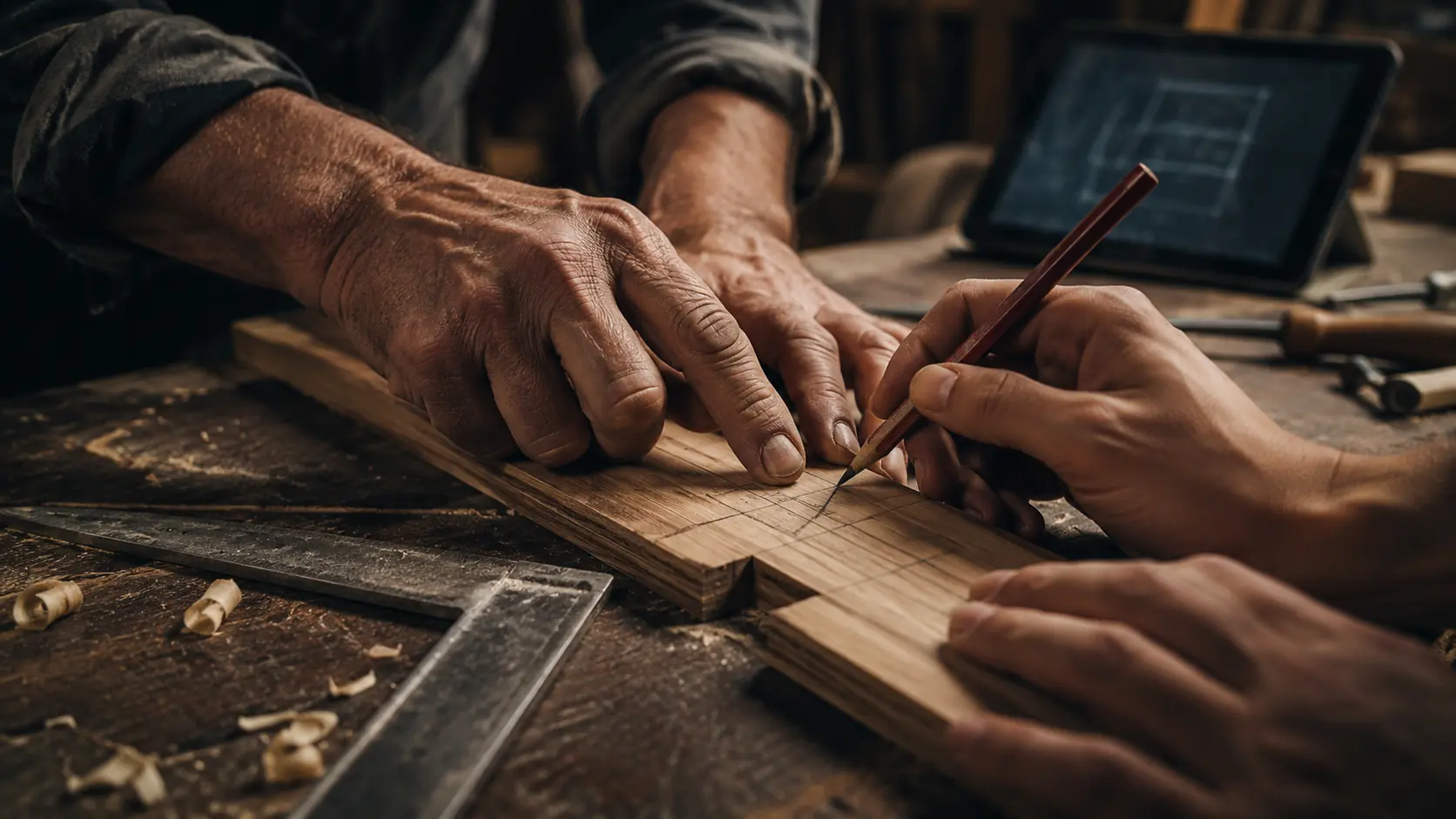 Experienced and younger hands measuring a precise timber joint together