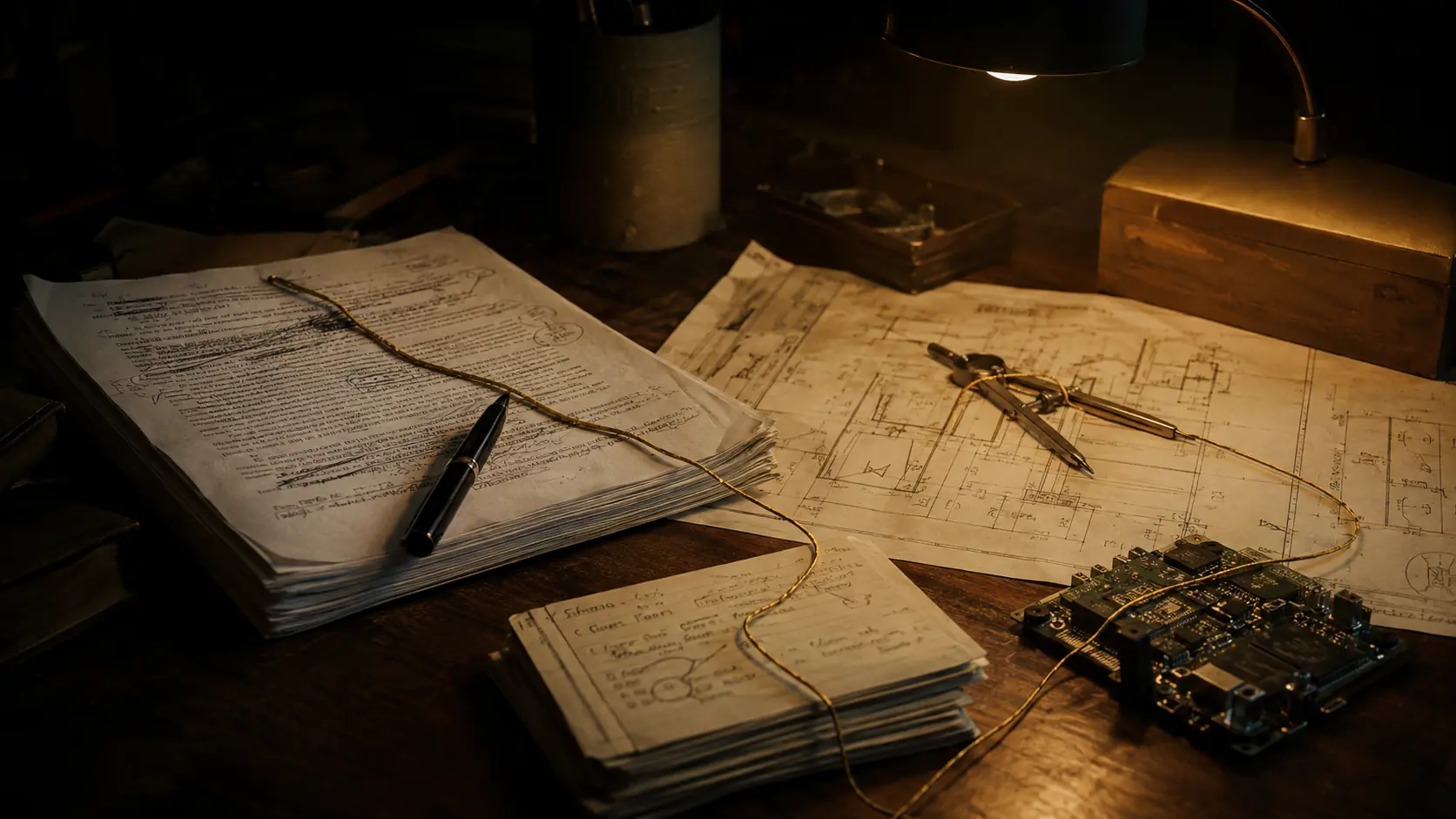 Manuscript pages, plans, and a circuit board joined by one warm thread