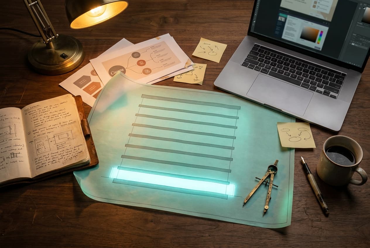 A craftsman's desk: open leather notebook with handwritten frameworks, scattered Canva slide exports, MacBook with design tools, brass compass, fountain pen, coffee. Centered: a translucent blueprint paper with nine horizontal layered bands, the bottom band glowing brightest cyan-emerald — the architecture emerging from the materials beneath it.