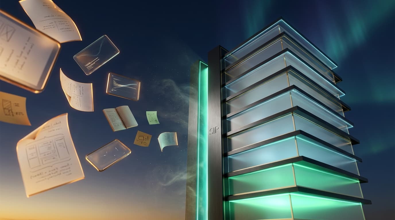 Scattered fragments of expertise — papers, screens, notebooks — caught in golden hour light on the left, flowing through a glowing emerald SIP threshold into a sovereign architected stack of nine translucent layers on the right. The foundation layer glows brightest emerald.