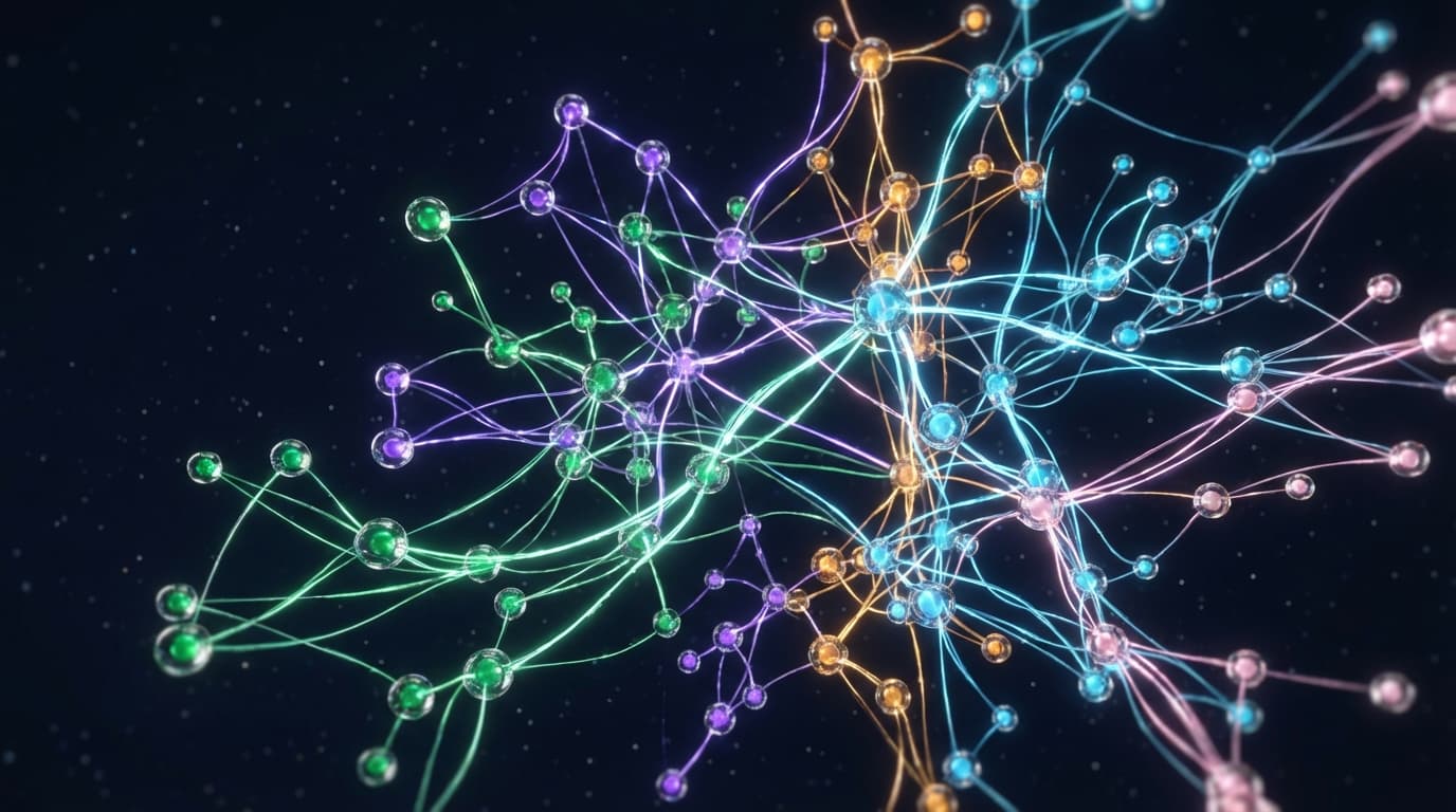 A constellation of interconnected glowing nodes in deep space — emerald, violet, amber, cyan representing the FrankX ecosystem