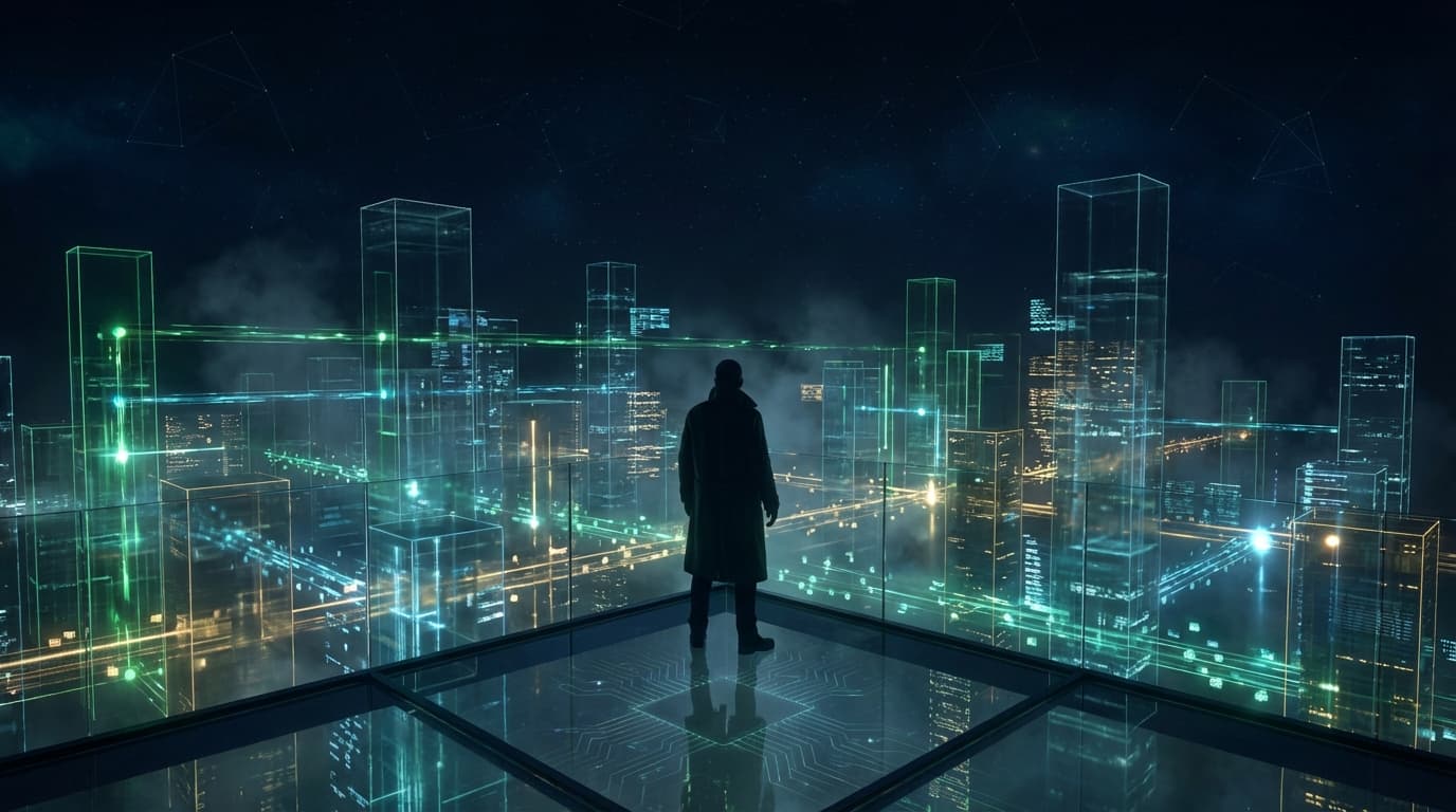 A builder standing on a glass platform overlooking an interconnected digital cityscape — one person, infinite leverage
