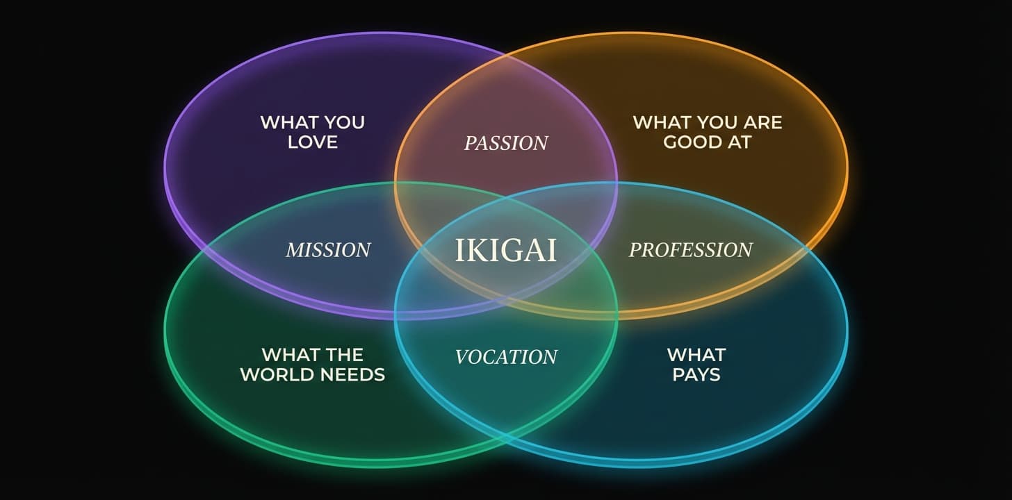 Ikigai Venn diagram: four circles — what you love, what you are good at, what the world needs, what pays — intersecting at IKIGAI, with Passion, Mission, Profession, and Vocation at the pairwise overlaps.