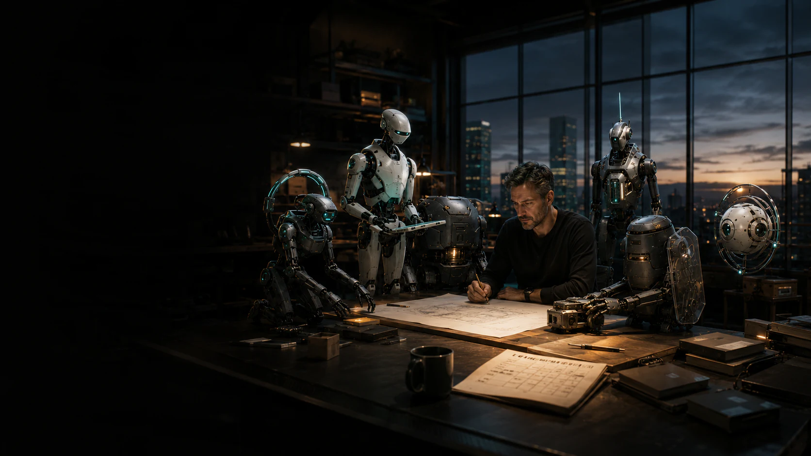 A founder works alone at night in a warm, high-end control room while a small team of specialist droids quietly maintains research, production, safeguards, delivery, and memory around him.
