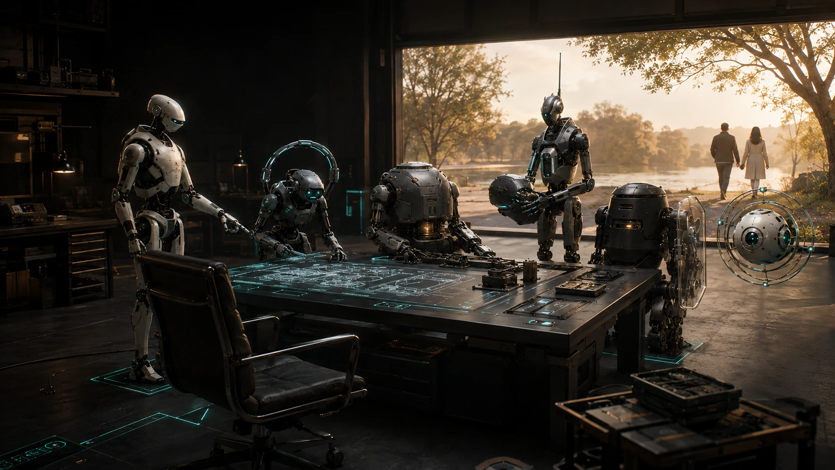 An empty founder chair faces a calm operating room where a small AI crew continues bounded work while the founder walks outside with someone he cares about.