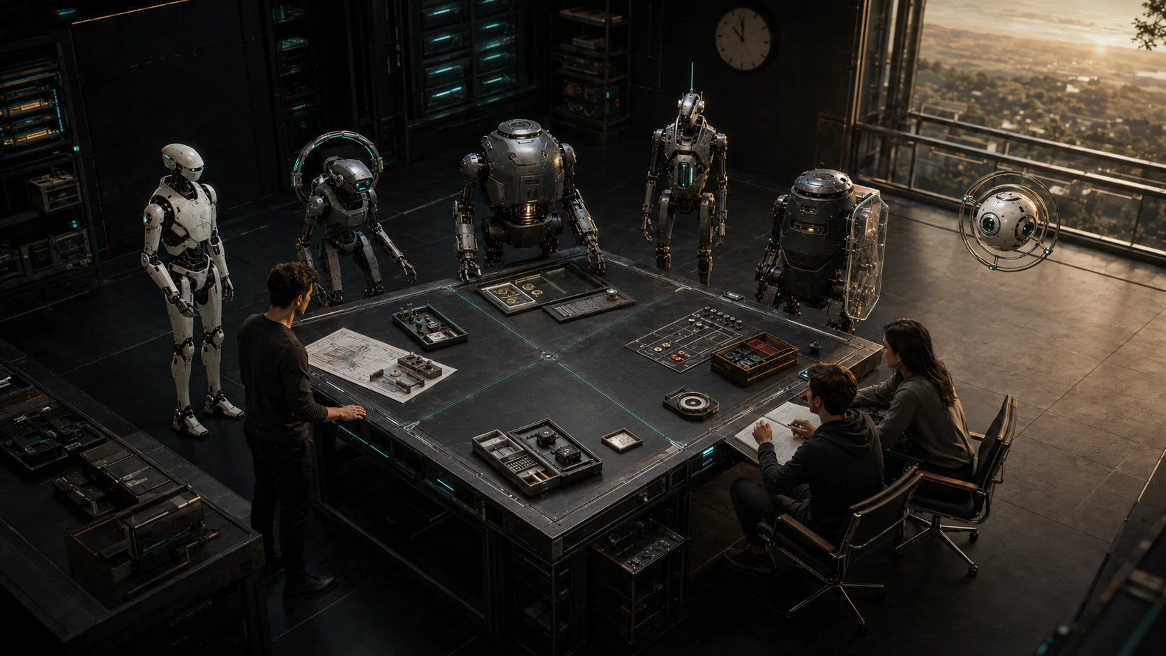 A founder and five specialist droids review four calm operating stations for direction, economics, exceptions, and relationships in a premium dark control room.