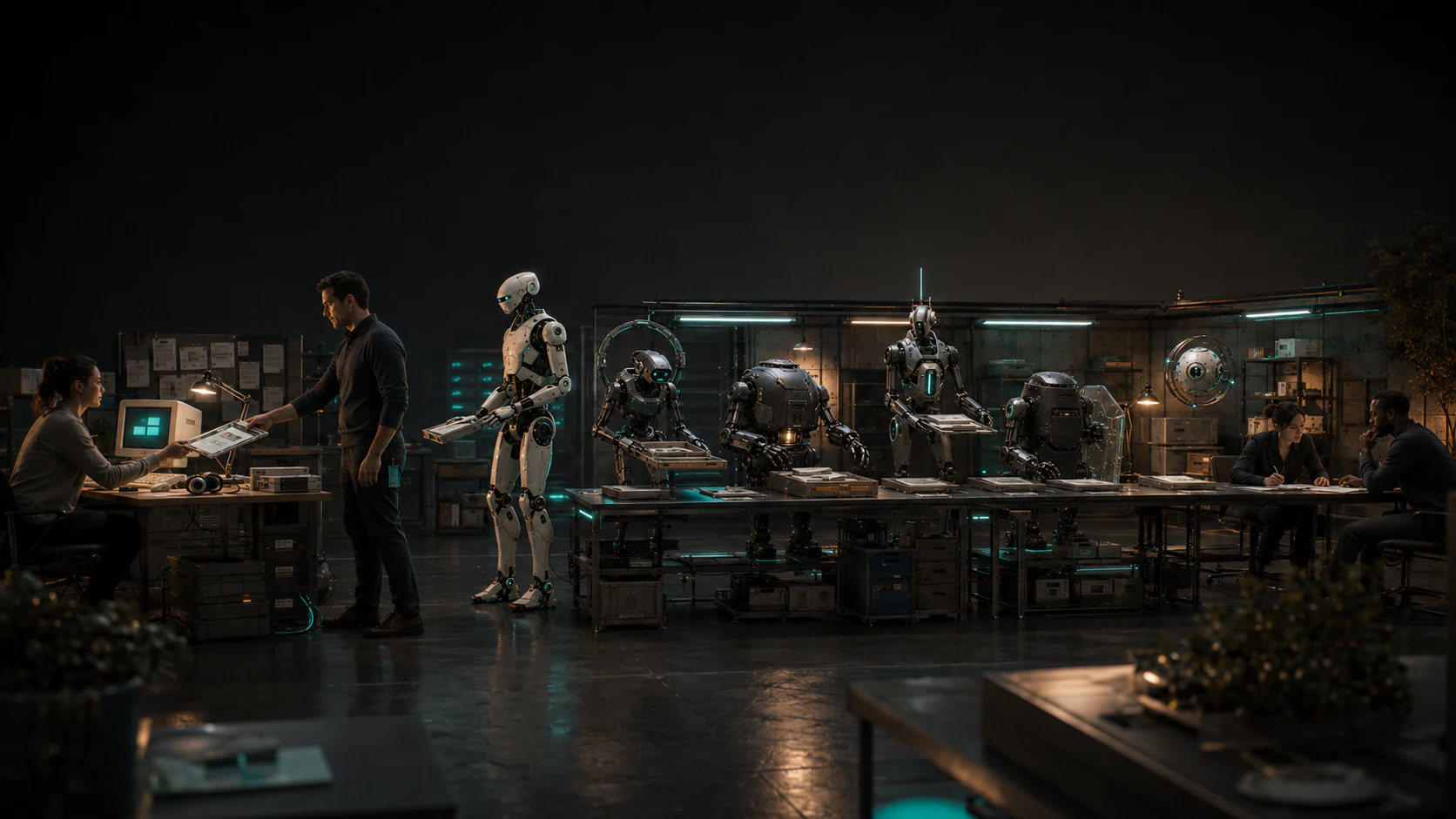 A human virtual assistant hands a clearly scoped work packet to a coordinated team of specialist AI droids while a founder reviews the boundary rather than each task.
