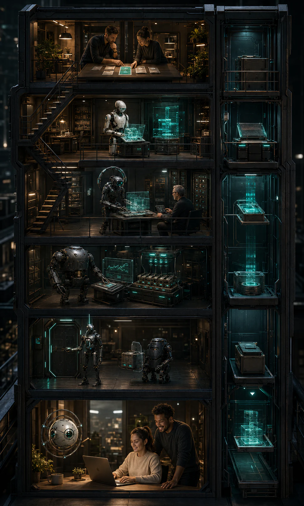 A vertical product handoff scene shows a founder moving a working prototype through source control, coding-agent review, preview, testing, production, and business operations.