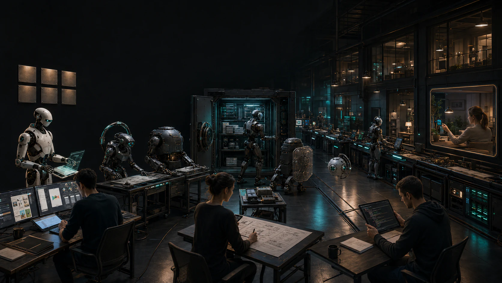 A founder and product team compare several app-building workstations while specialist droids inspect design, source ownership, data, deployment, and operational handoffs.