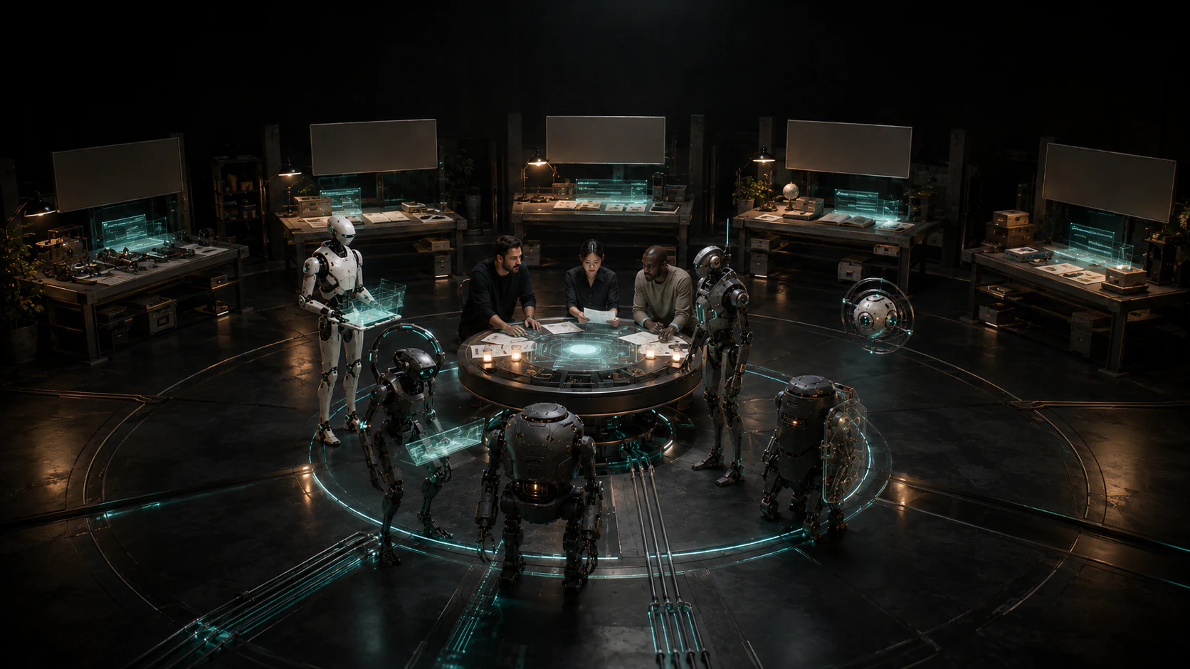 An AI architecture team routes work across several model and tool surfaces while specialist droids inspect provider boundaries, permissions, long-running state, and evidence.