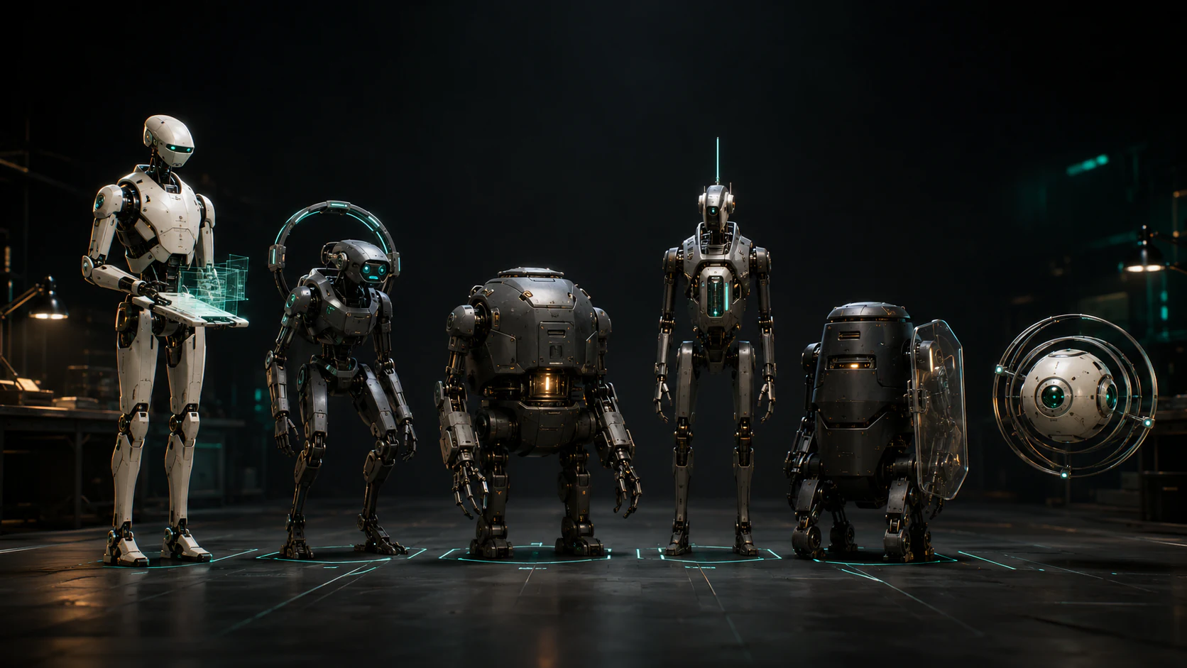 Six distinct small service droids stand together as a coherent operating crew, representing architecture, research, production, delivery, safeguards, and organizational memory.